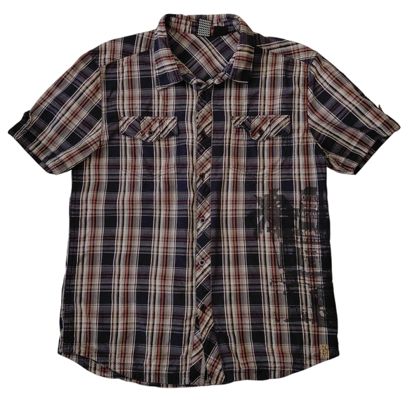 Men's Casual Plaid Button-Down Shirt - Black and Orange - Picture 1 of 10
